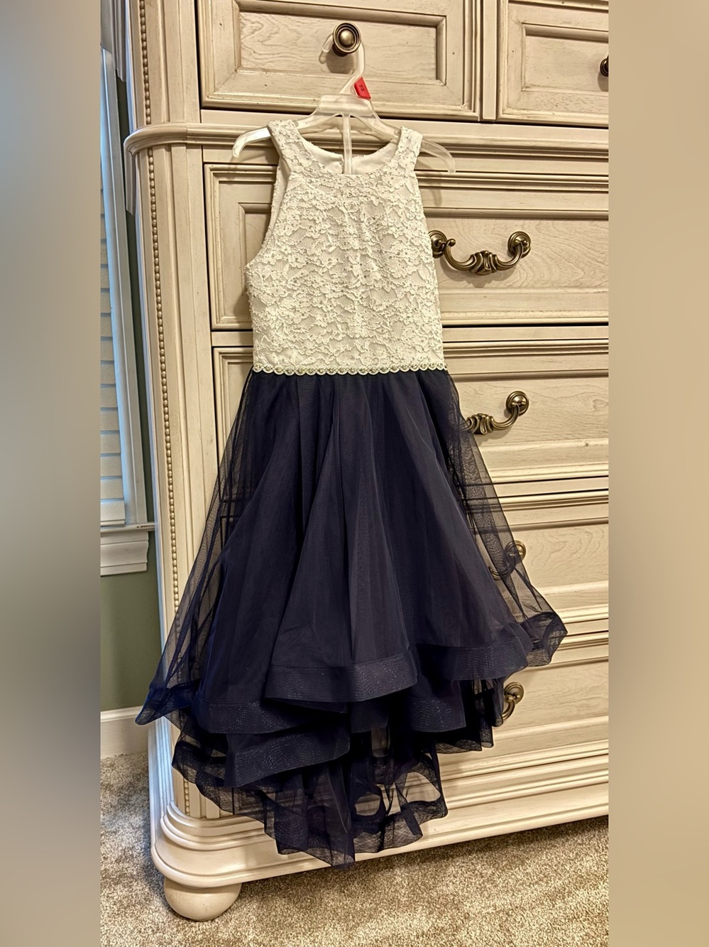 Girls' Ivory and NavyTulle Skirt Lace Bodice Party Dress Size 8